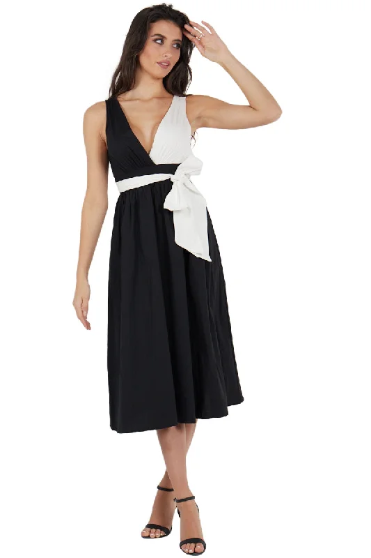 Black With Contrast White Poplin Tie Waist Midi Dress